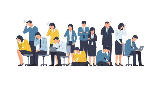 A diverse group of people displays visible signs of distress and emotional strain conveying feelings of worry headache and mental fatigue with expressive gestures and slumped postures This
