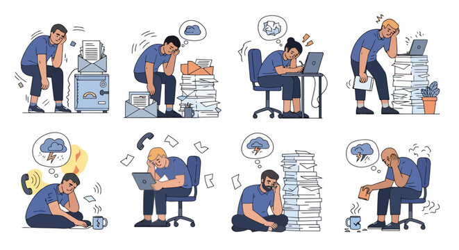 Feeling overwhelmed by a demanding workload illustrated by stressed individuals grappling with excessive paperwork and digital communication demands in a chaotic office environment showcasing