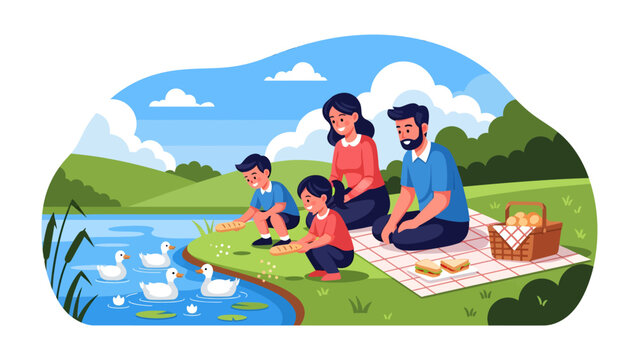 Family Picnic by the Lake: A joyous family enjoys a delightful picnic by a serene lake, feeding ducks swimming in the clear water.