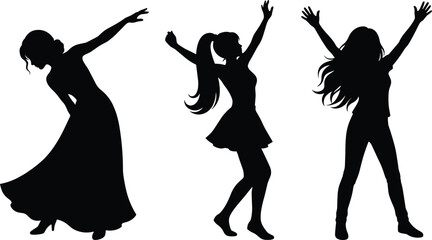 Fototapeta premium Three silhouetted figures raising arms in triumph on white background three people celebration