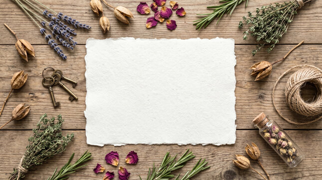 Rustic herbal flat lay with paper frame and dried herbs