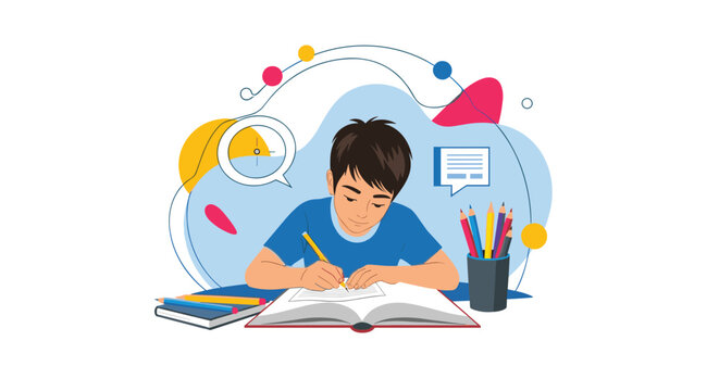 Diligent schoolboy focusing on his homework while writing in a notebook at a desk surrounded by books and creative abstract shapes.