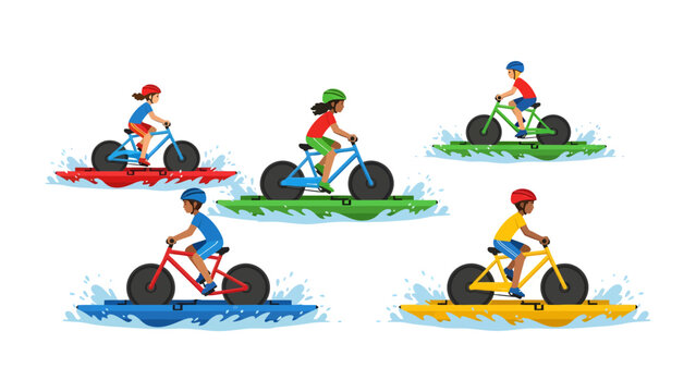 Cycling Race on Water: Five children are enjoying a unique water cycling race, with each person on a differently colored watercraft, pedaling with excitement as they race across the blue water.