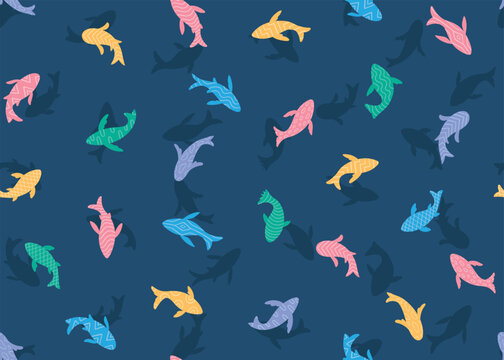 Abstract colorful fish with patterns seamless pattern background.  Vector illustration art backdrop