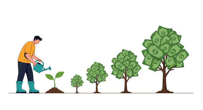 Creative illustration of a man watering a small sprout that grows into several larger trees with leaves made of green dollar bills.