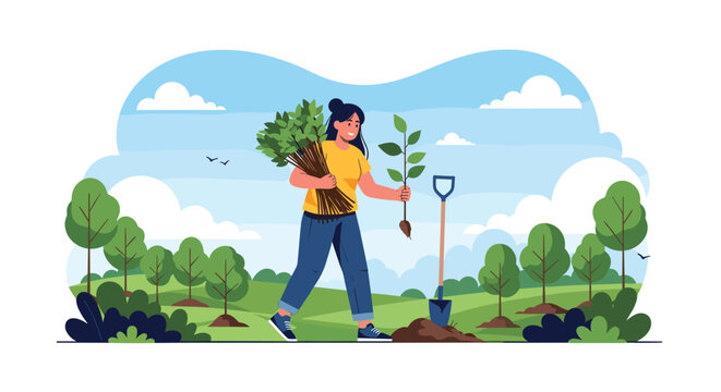Smiling woman holding a bundle of young tree saplings and a shovel in a green field, promoting reforestation and environmental care.