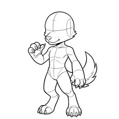 Fototapeta premium Hand drawn ink line art of chibi male canine anthropomorphic furry base pointing self three quarter.