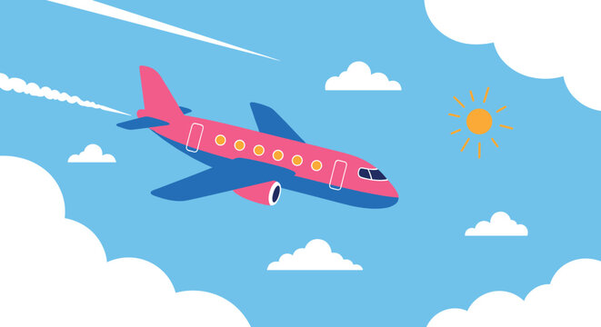 Small pink and blue passenger airplane flying through a bright blue sky with white clouds, sun, and white jet stream trails.