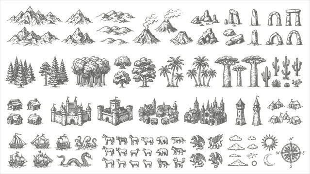 Fantasy map elements vector illustration in vintage engraving style