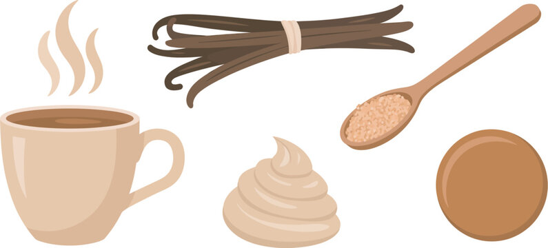 Flat, coffee beverage illustration featuring steaming cup, vanilla bean bundle, whipped cream topping, and sugar spoon suitable for caf&eacute; menus, dessert promotions, and culinary themed visuals.