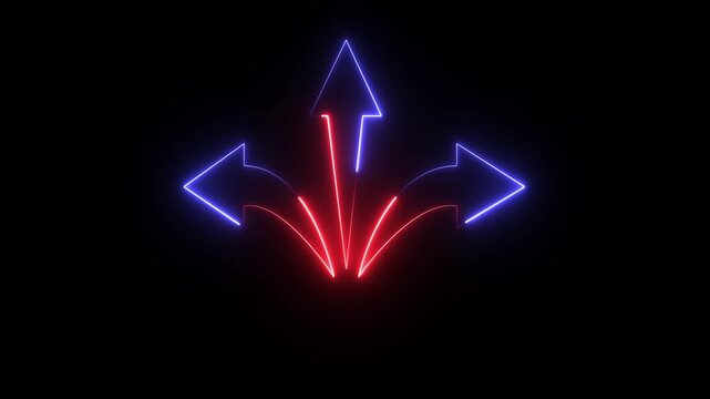 A neon sign stock video featuring three arrows illuminated in red and blue, pointing in different directions against a dark background.