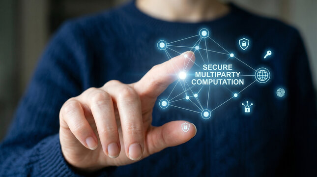 Federated learning network secure multiparty computation concept on finger touch interface, glowing digital connection and privacy icons