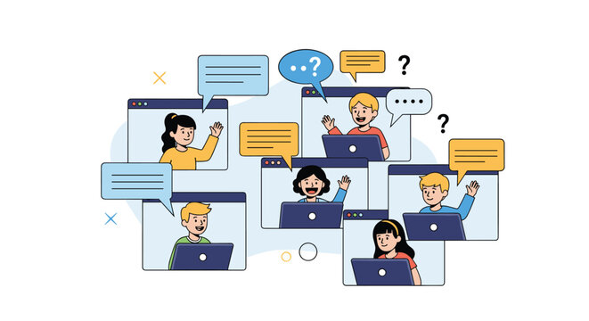 Group of children participating in an interactive online video call with multiple windows and speech bubbles expressing their thoughts and questions.
