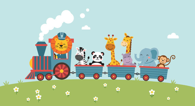 Cute cartoon animals including a lion, zebra, panda, giraffe, elephant, and monkey riding together on a colorful train.