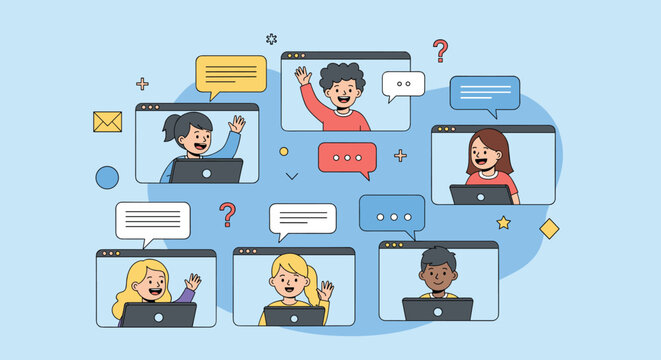 Group of diverse children participating in an online classroom or video conference call using laptops for remote education.