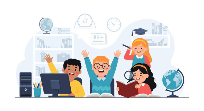 Group of happy and enthusiastic children learning in a classroom equipped with a computer, books, a globe, and school supplies.