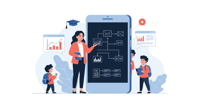 Teacher using a giant smartphone screen to explain complex flow charts and data graphs to a group of young students.