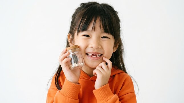 A young Asian child smiles widely, displaying gaps from missing teeth and holding loose ones.
