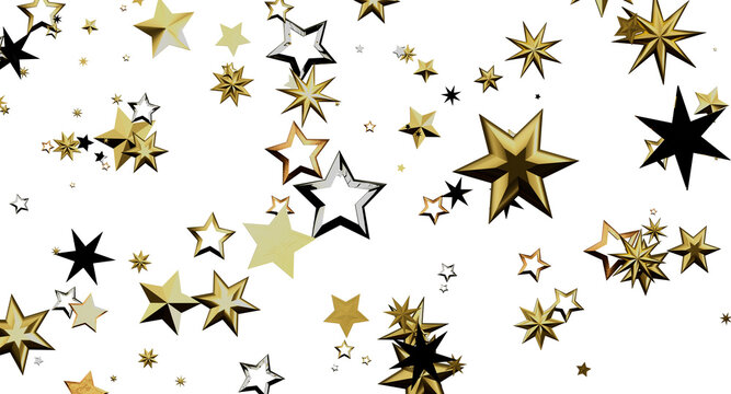 Golden stars floating on white background. Festive celebration with star shapes in gold c