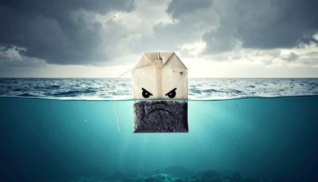 A giant, grumpy teabag steeps in the vast ocean of Earl Grey under a stormy sky