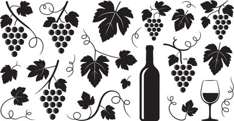 Grape, vineyard and wine symbol collection with bottles, wine glasses, grape clusters, and vine leaves suitable for restaurant menus, winery labels, and drink themed illustrations. © Dalim