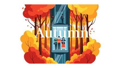 Autumnal Ascent: People ascend in an elevator through a vibrant forest ablaze with the fiery hues of autumn foliage, symbolizing a journey or transition. © Mohammad