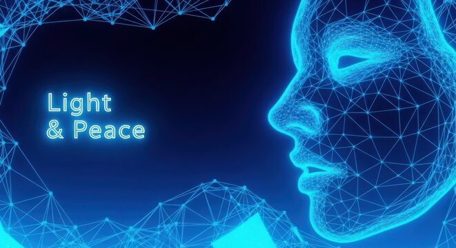 A blue pixelated image of a woman's face with the words light and peace illustration