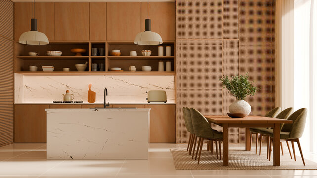Open plan kitchen dining room with marble island 3D render