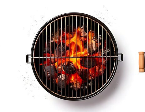 Isolated top view of a grill with fire coals against a white background