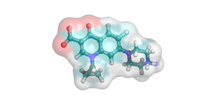 Ciprofloxacin, antibiotic drug/fluoroquinolone and DNA gyrase inhibitor for bacterial infections, 3D molecule 4K