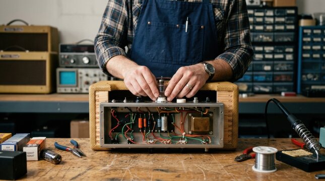 Medium shot of a technician carefully assembling vintagestyle guitar amplifier tubes showcasing precise craftsmanship and attention to classic audio equipment design.
