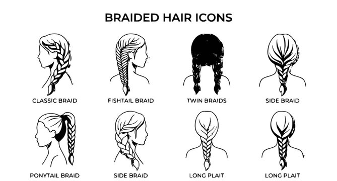 Flat Braided Hair Icon Collection with Modern Female Hairstyle Vector Designs for Beauty Salon Fashion and Cosmetic Branding Projects