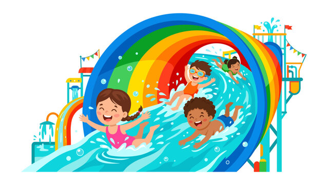 Water Slide Fun: Children laugh and splash as they go down a vibrant rainbow water slide at a sunny water park, creating joyful summer memories.