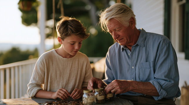 Grandfather teaching a ten-year-old to sort coins into labeled jars on a back porch swing, rural farmhouse setting, generational wealth values, summer evening light, quiet rural landscape, grandpare