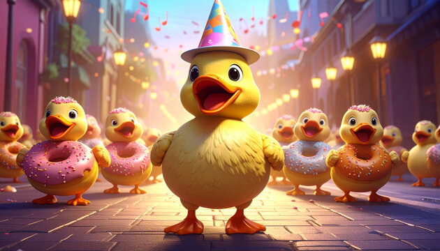 A Giant Rubber Duck Wearing a Party Hat Leads a Parade of Singing Donuts Down a Festive Street