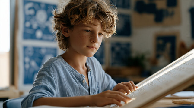 Child with dyslexia working at a tilted reading board in a specialized classroom, fingers tracing raised letter guides, the expression of hard-won concentration and incremental mastery visible, reso