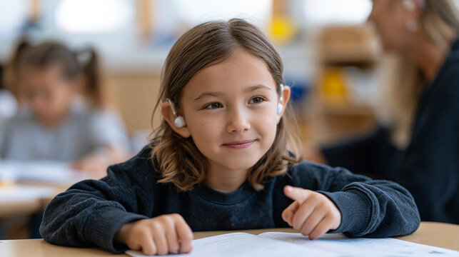 Child with hearing aids at a mainstream classroom table participating in a group reading exercise, interpreter seated discreetly nearby, the child's animated engagement with the story visible in her