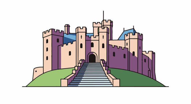 A stylized, pastel-colored castle stands majestically atop a green hill
