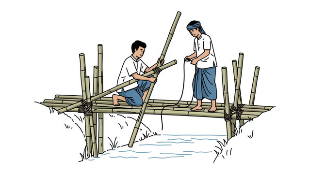 Building a Bamboo Bridge: Two people work together to construct a simple bamboo bridge over a small stream, demonstrating resourcefulness and teamwork.