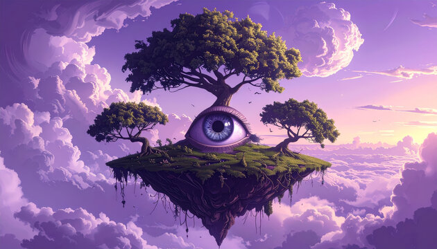 A giant watchful eye embedded in a floating island adorned with inverted trees under a dreamlike purple sky.