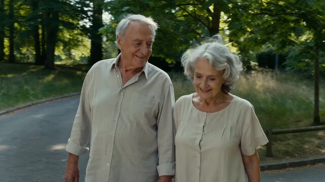 Happy Elderly Couple Walking Hand-in-Hand Through a Lush Green Park on a Sunny Day, Enjoying Their