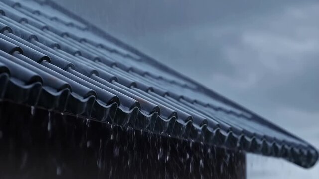 Static close-up shot of heavy rain pouring down dark roof tiles with water streaming off edge