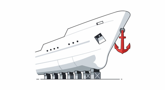 A stylized white ship is docked on supports with a red anchor hanging from its bow