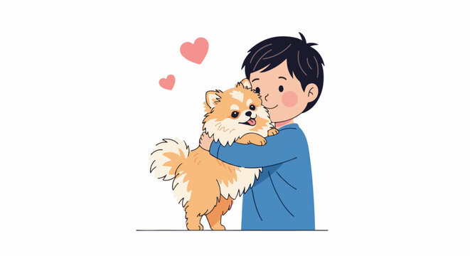 A smiling boy holds a fluffy orange dog, surrounded by hearts