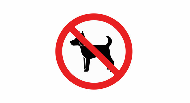 A red circle with a diagonal line over a black dog silhouette on white
