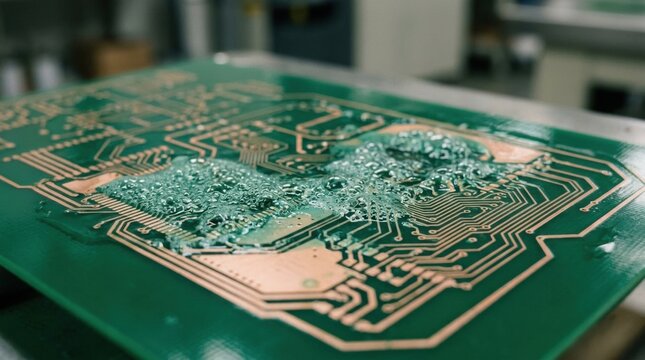 Closeup medium shot showing the bubbling reaction of cupric chloride on copper surface as unwanted copper is chemically removed to define intricate circuit patterns on a green PCB.