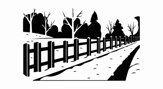 A stark black and white silhouette of a snow-covered path bordered by a wooden fence and bare trees
