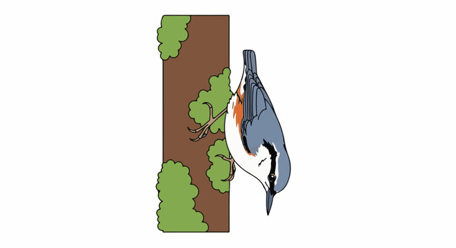 A nuthatch clings upside down to a tree trunk, surrounded by foliage