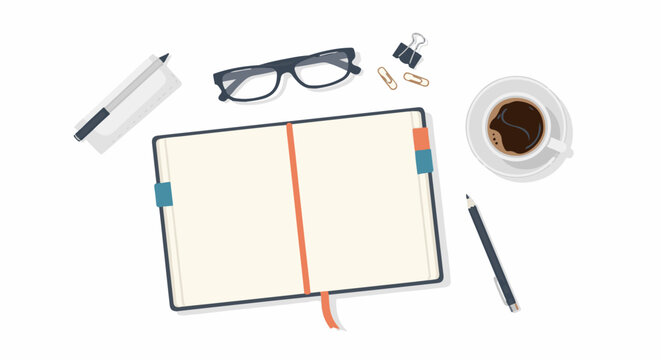 A notebook with writing tools and a cup of coffee on a white surface