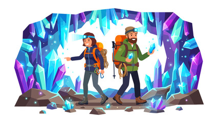 Cave Exploration Adventure: Two hikers with headlamps and backpacks venture deep into a luminous cave adorned with shimmering crystal formations, on an exciting exploration. © Md